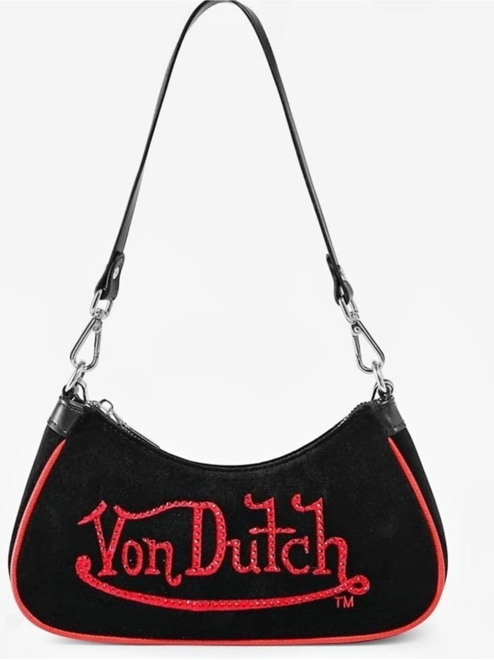 Von Dutch Black & Red Rhinestone Shoulder Bag